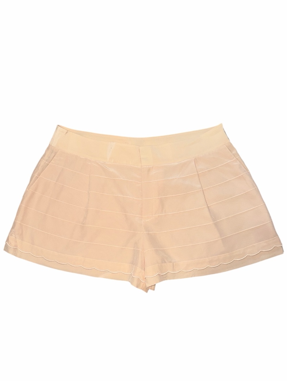 Club Monaco Women's Scalloped Hem High-Waist Silk Shorts in Light Peach Color